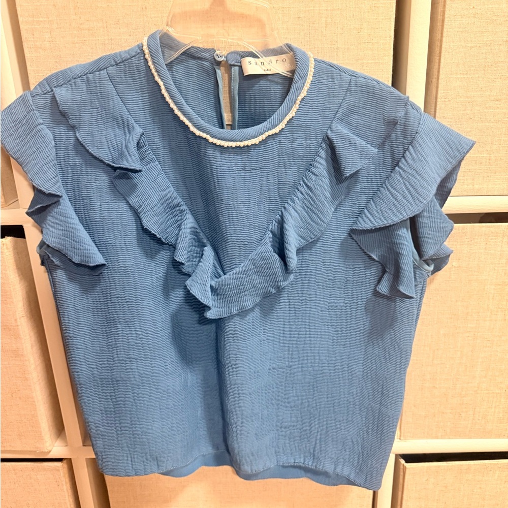 Sandro Blue Ruffle Short Sleeve Top